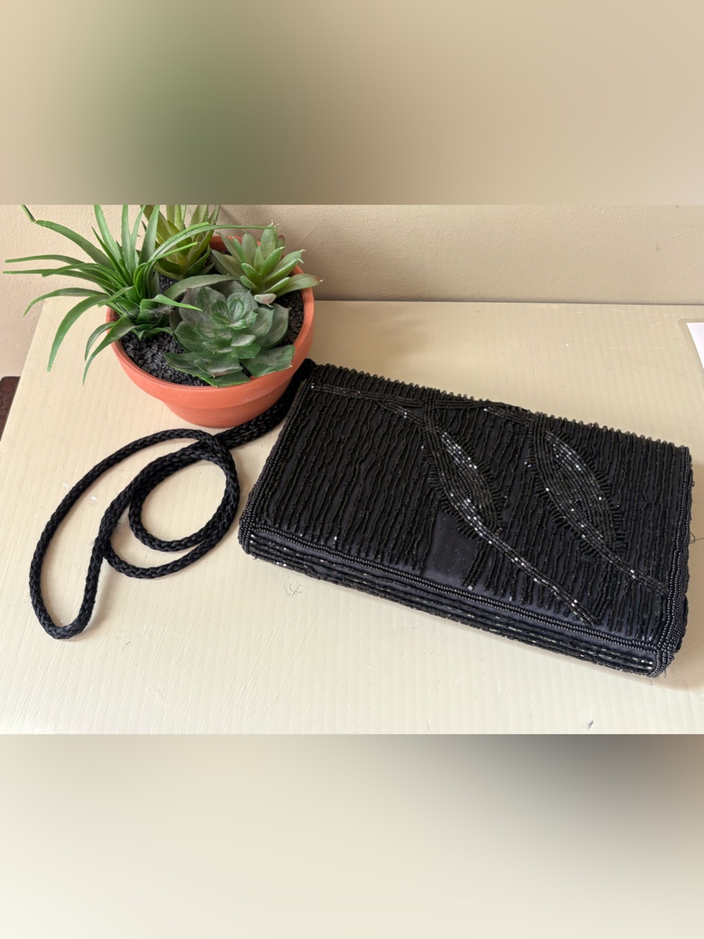 Armstrong Richardson Black Beaded Evening Clutch Braided Strap upscale, elegant